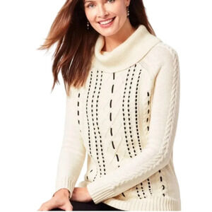 Talbots Cream Black Velvet Ribbon Cable Knit Cowl Neck Sweater Size Large Petite
